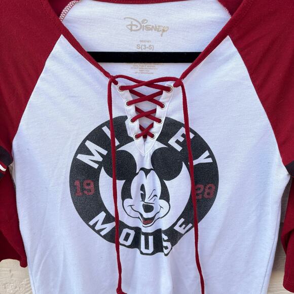 Disney Mickey Mouse Graphic Lace Up T-Shirt with Baseball Varsity Stripe Sz S - Picture 3 of 6